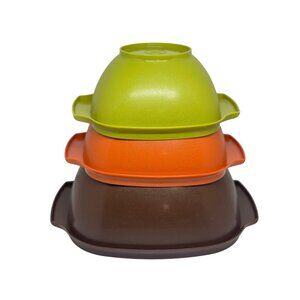 VTG Tupperware Stackable Bowls With Handles In Green Orange & Brown READ Decor